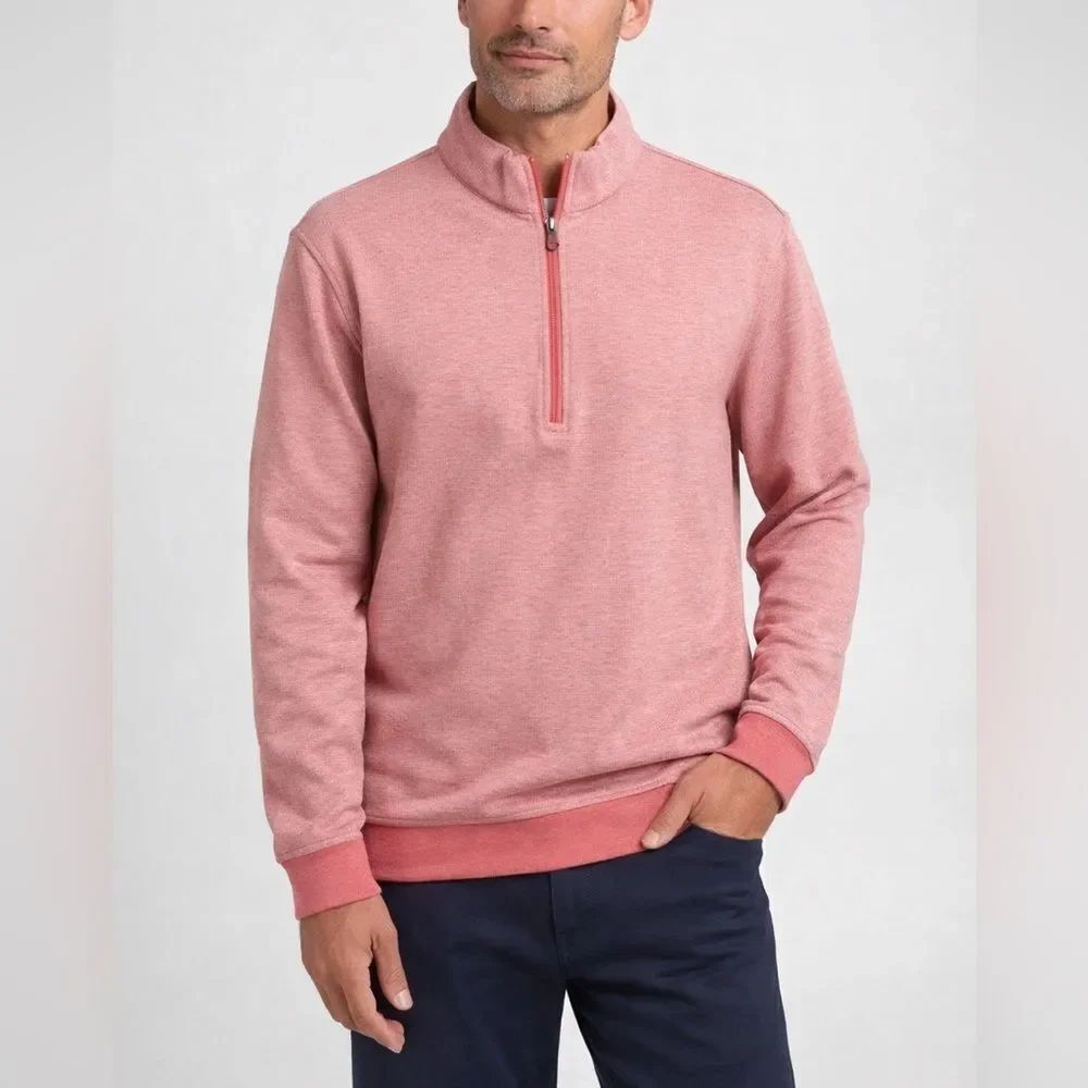 Bugatchi Houndstooth Quarter Zip Pullover Salmon Cotton Blend Sweater L